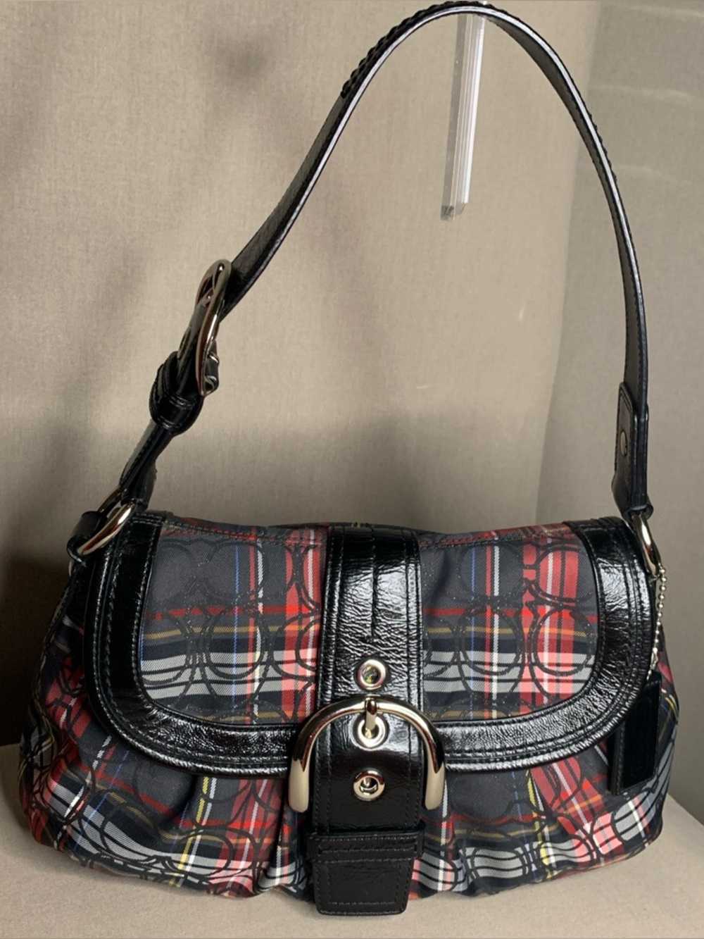 Rare Y2K Coach F15485 Vintage Plaid Black Red Soho Patent Leather Shoulder Bag